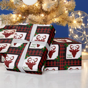 Rustic Buffalo Plaid  Stag Deer Head Christmas Wrapping Paper
