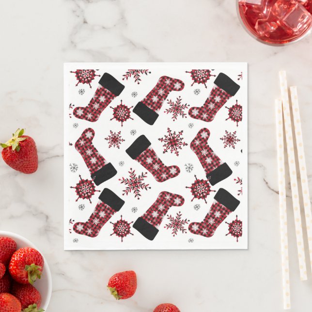 Rustic Buffalo Plaid Stocking Snowflakes Christmas Napkin (Insitu)