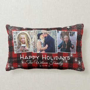 Rustic Buffalo Plaid String Lights Holiday Photo Lumbar Cushion