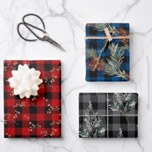 Rustic Buffalo Plaid Winter Spruce Cones & Berries Wrapping Paper Sheet