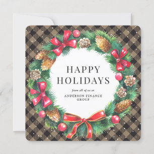 Rustic Buffalo Plaid Wreath Corporate Business Holiday Card