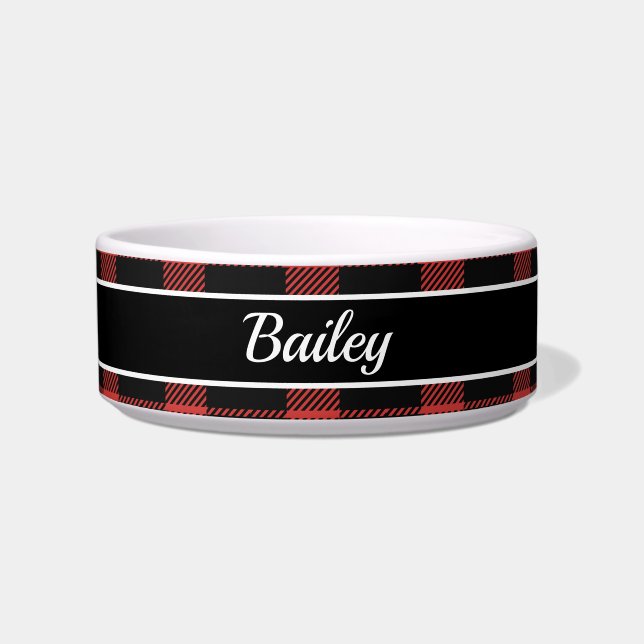 Rustic Buffalo Red Black Plaid Dog Name Bowl (Front)