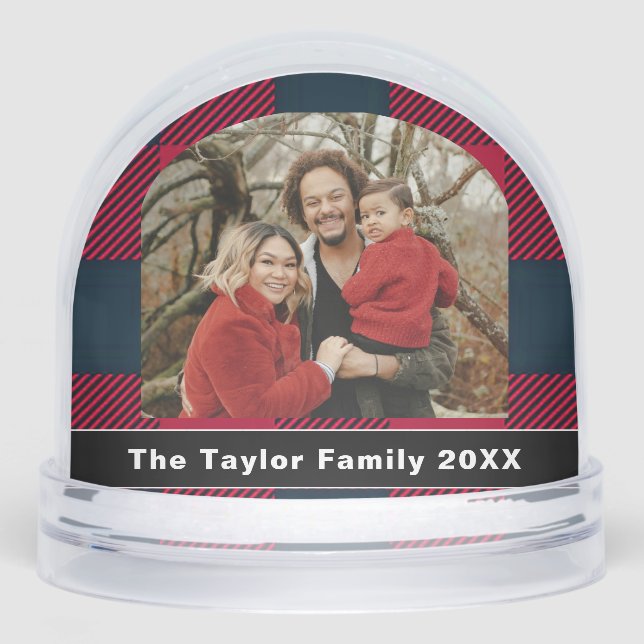 Rustic Buffalo Red & Black Plaid Family Photo Snowglobe (Front)