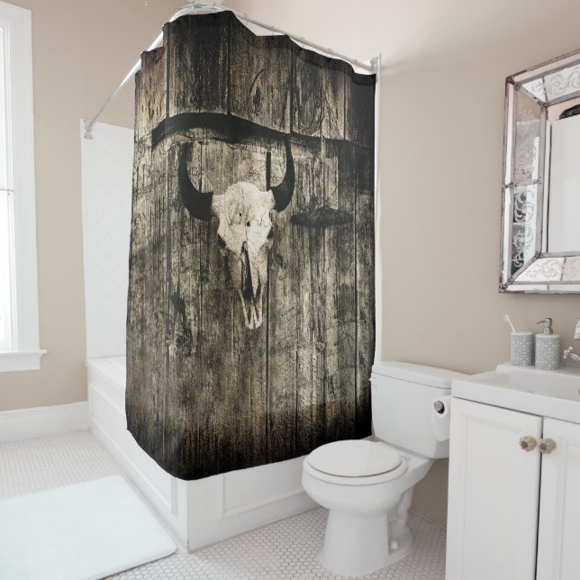 Rustic buffalo skull with horns against barn shower curtain (In Situ)