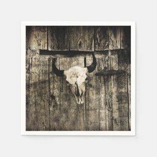 Rustic buffalo skull with horns on a barn napkin