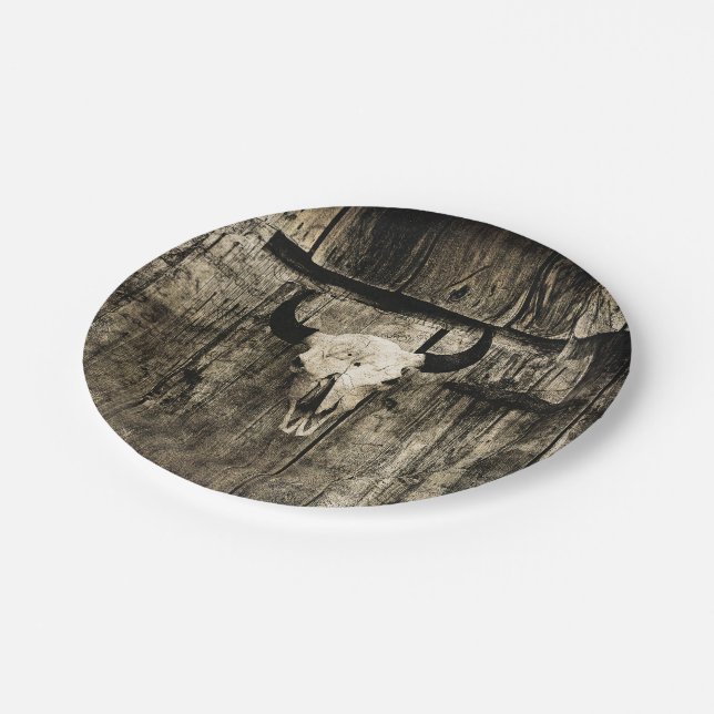 Rustic buffalo skull with horns on a barn paper plate (Angled)