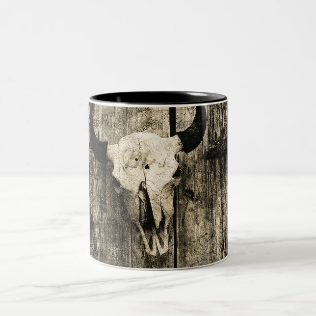 Rustic buffalo skull with horns on a barn Two-Tone coffee mug (Center)