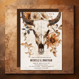 Rustic Bull Cow Skull Floral Boho Western Wedding Invitation