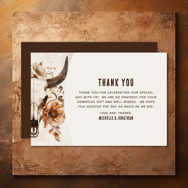 Rustic Bull Cow Skull Floral Boho Western Wedding Thank You Card (Rustic Bull Cow Skull Floral Boho Western Wedding Thank You Card)