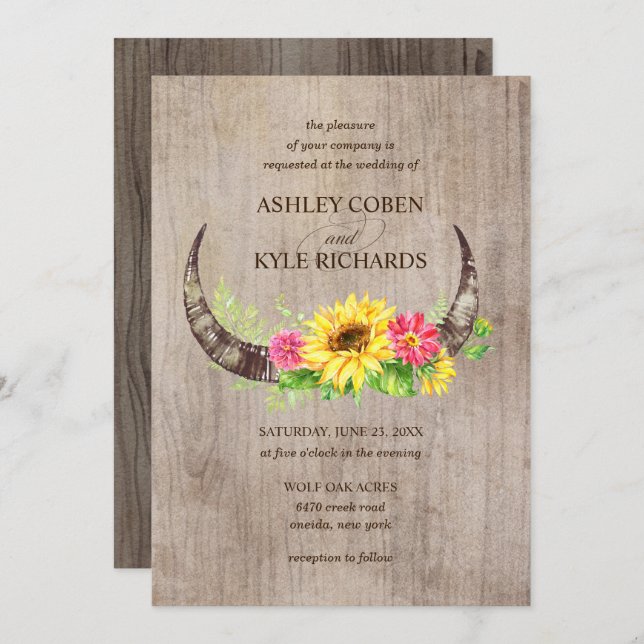 Rustic Bull Horns and Flowers Wedding Invitation (Front/Back)