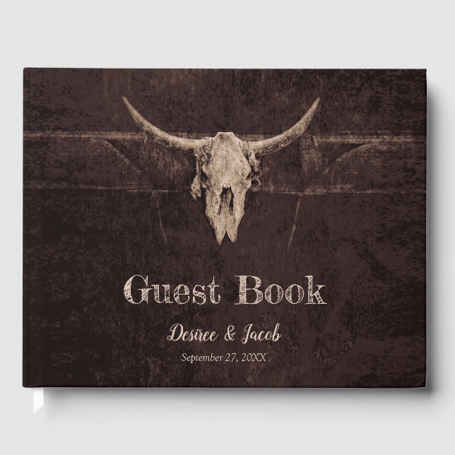 Rustic Bull Skull Wedding Country Western Texture Guest Book (Front)