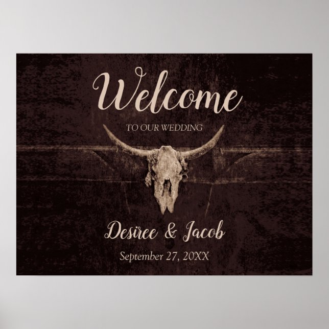 Rustic Bull Skull Wedding Country Western Texture Poster (Front)