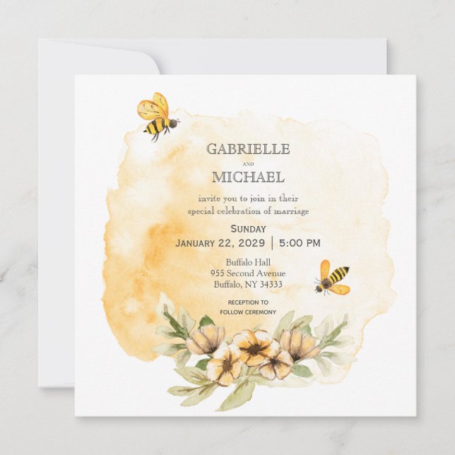 Rustic Bumble Bee Floral Wedding Invitation (Front)