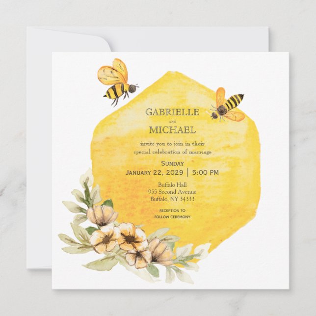 Rustic Bumble Bee Floral Wedding Invitation (Front)