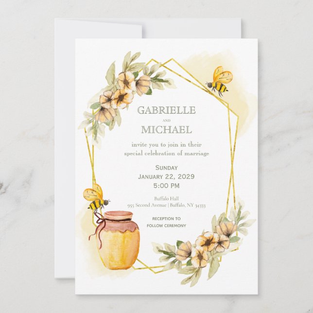 Rustic Bumble Bee Floral Wedding Invitation (Front)