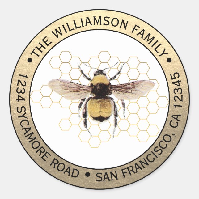 Rustic BumbleBee Round Return Addres Classic Round Sticker (Front)
