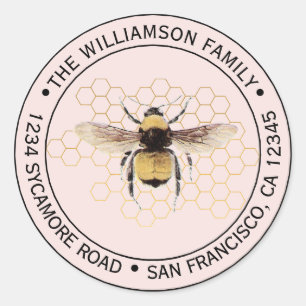 Rustic BumbleBee Round Return Address Pink Classic Round Sticker