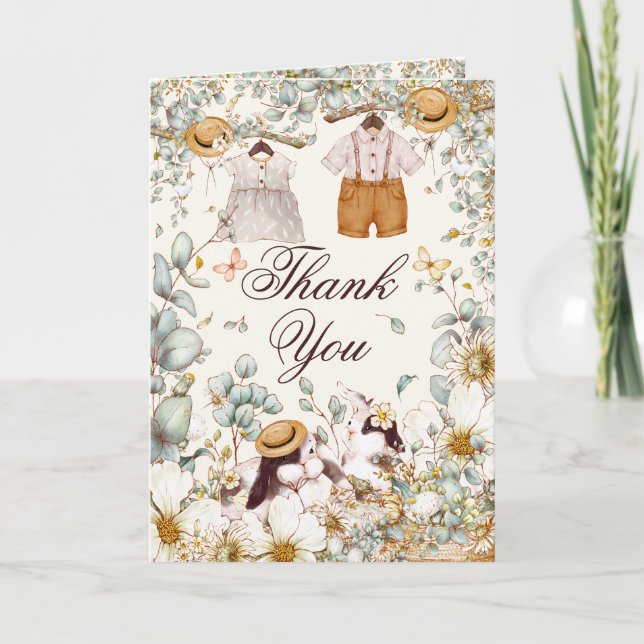 Rustic Bunnies Botanical Baby Shower Thank You Card (Front)