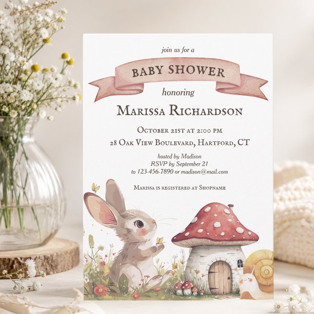 Rustic Bunny Baby Shower Invitation (custom cute vintage rustic bunny rabbit baby shower invitation, elegant woodland and forest theme)