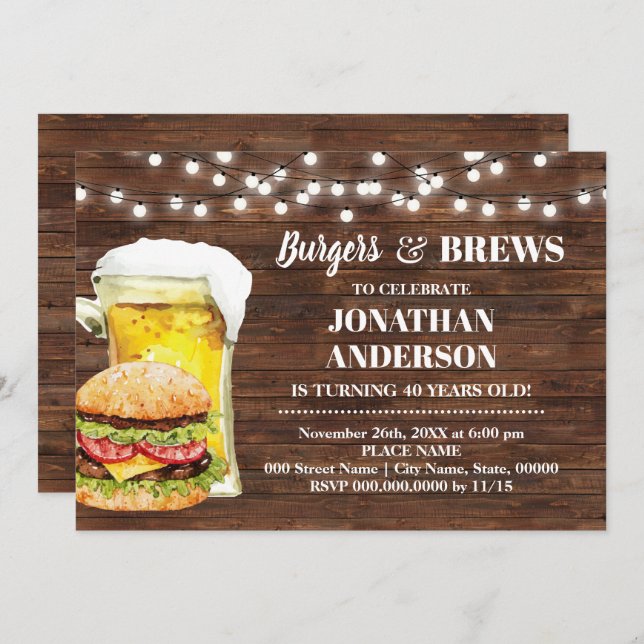 Rustic Burger & Brews Adults Birthday Invitation (Front/Back)