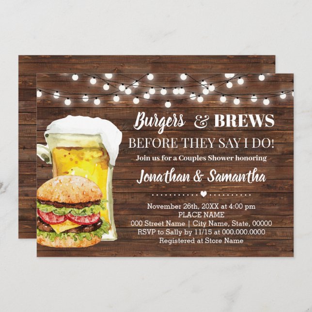Rustic Burger & Brews Before I Do Couples Shower Invitation (Front/Back)