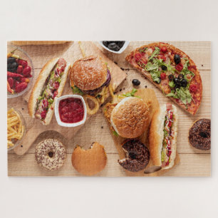 Rustic Burger Hot dog Pizza French Fries Doughnut Jigsaw Puzzle
