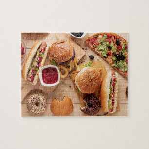 Rustic Burger Hot dog Pizza French Fries Doughnut Jigsaw Puzzle