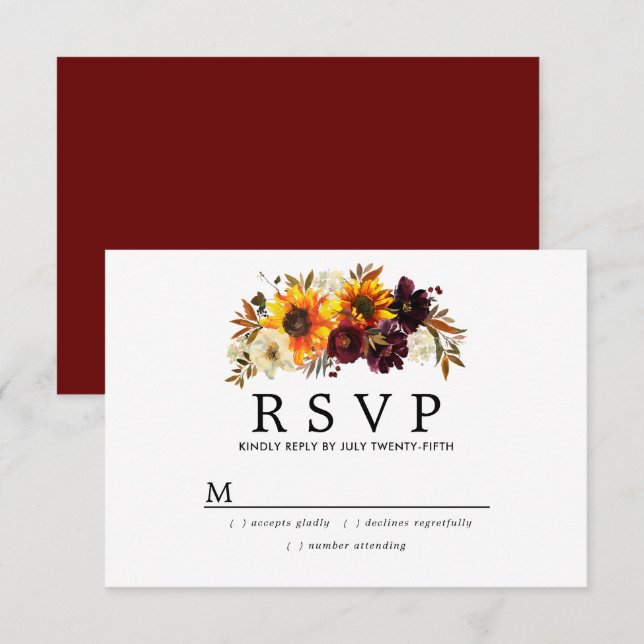 Rustic Burgund Red Floral Wedding  RSVP Card (Front/Back)
