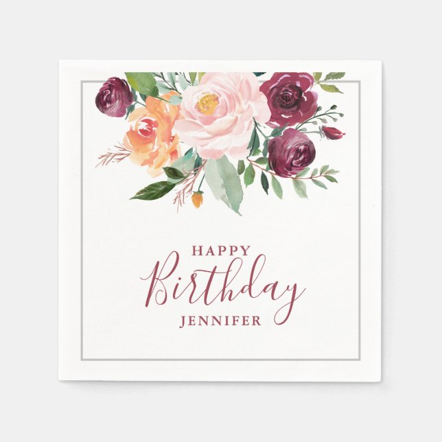 Rustic Burgunday Pink Floral Birthday Party Napkin (Front)