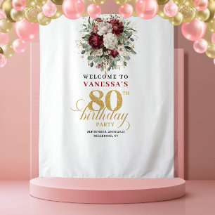 Rustic Burgundy 80th Birthday Banner Tapestry