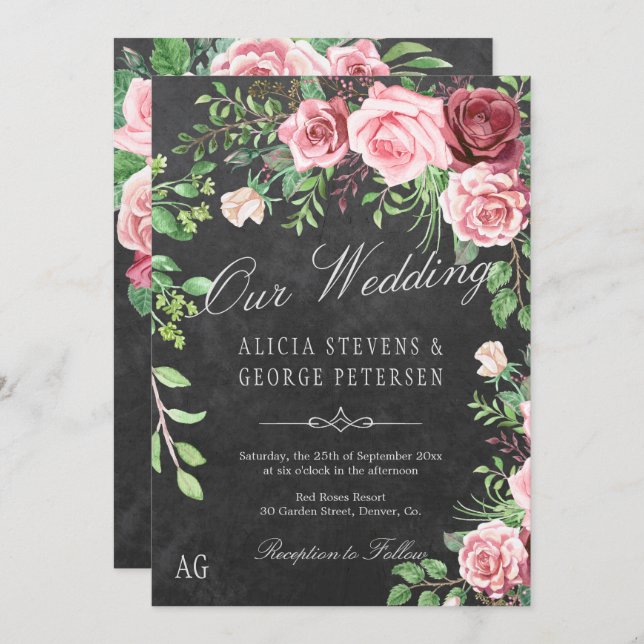Rustic Burgundy and Blush Roses Monogram Wedding Invitation (Front/Back)