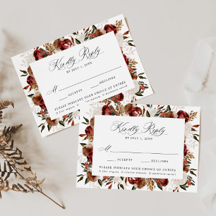 Rustic Burgundy and Ivory Roses Meal Wedding RSVP Card