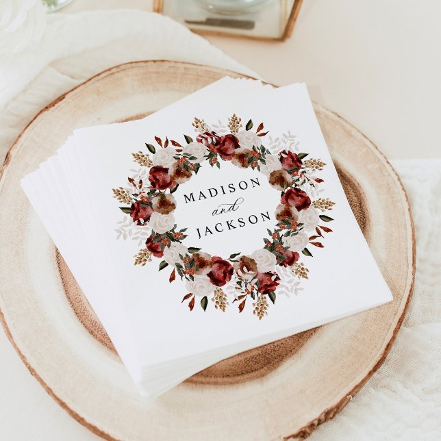 Rustic Burgundy and Ivory Roses Wedding Napkin (Creator Uploaded)