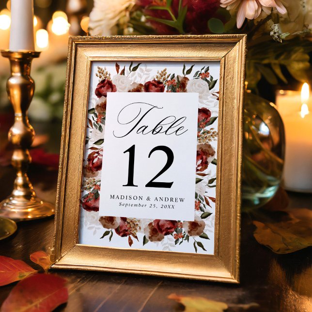 Rustic Burgundy and Ivory Roses Wedding Table Number (Creator Uploaded)