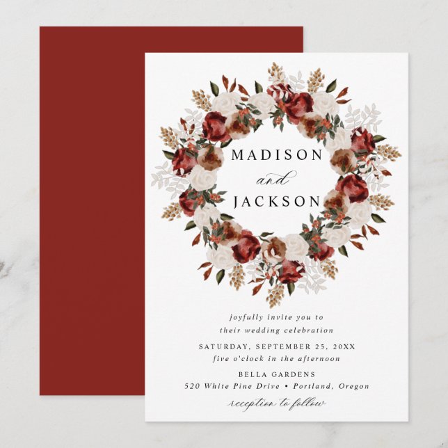 Rustic Burgundy and Ivory Roses Weddings Invitation (Front/Back)