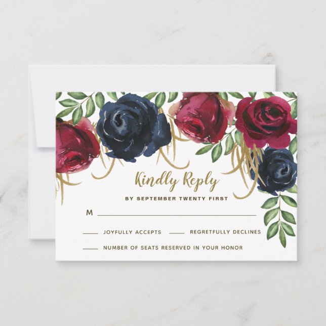 Rustic Burgundy and Navy Blue Wedding RSVP Cards (Front)