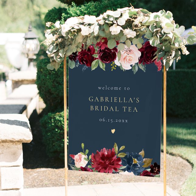 Rustic Burgundy and Navy Floral Bridal Tea Welcome Poster (Creator Uploaded)