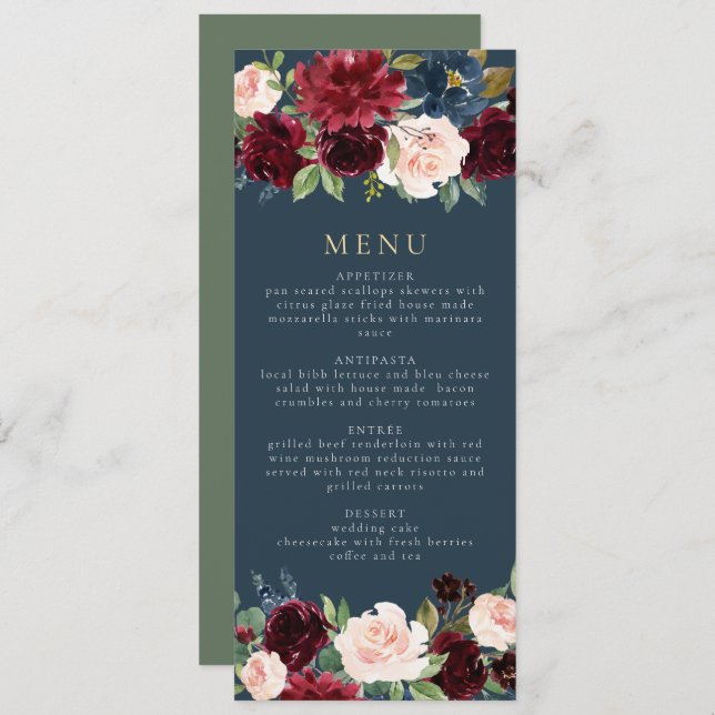 Rustic Burgundy and Navy Floral Dinner Menu Invitation (Front/Back)