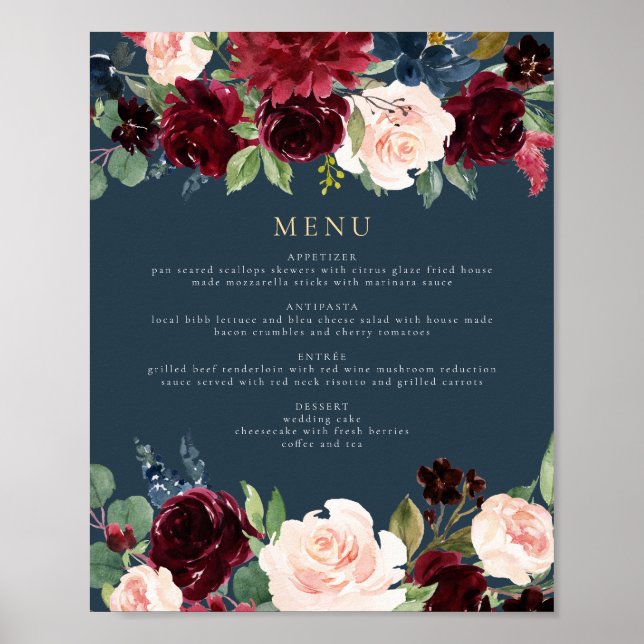 Rustic Burgundy and Navy Floral Dinner Menu Poster (Front)