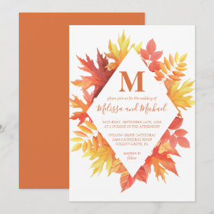 Rustic Burgundy and Orange Fall Leaves Wedding Invitation