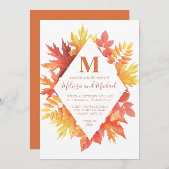 Rustic Burgundy and Orange Fall Leaves Wedding Invitation (Front/Back)