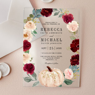 Rustic Burgundy and Peach Floral Pumpkin Wedding Acrylic Invitations