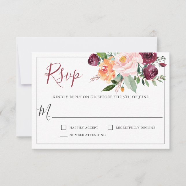 Rustic Burgundy and Pink Floral Wedding RSVP Card (Front)