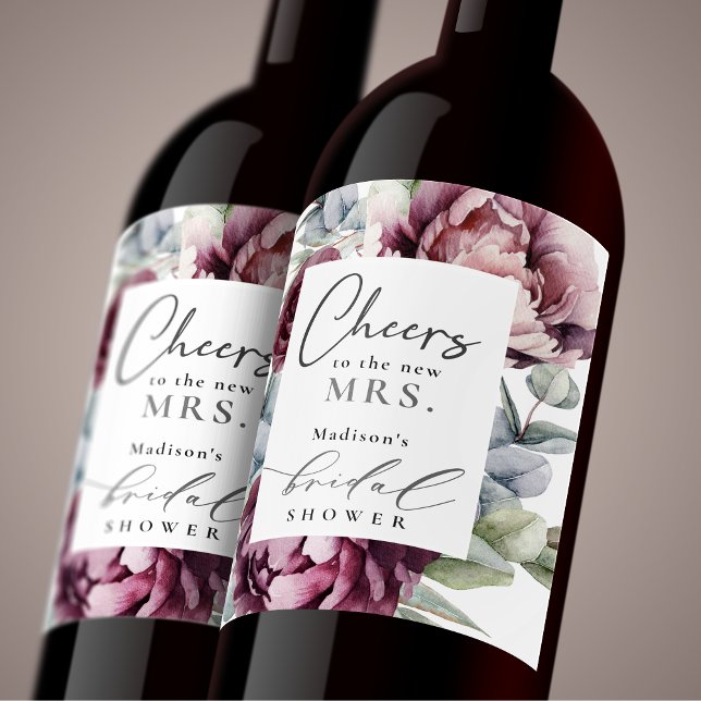 Rustic Burgundy and Plum Floral Bridal Shower Wine Label (Toast the bride-to-be with her favorite wine and custom wine labels.)
