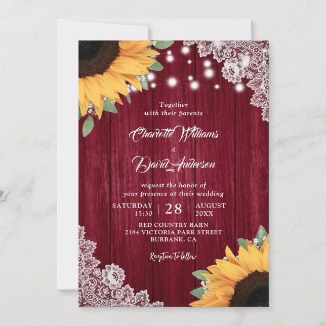 Rustic Burgundy and Sunflower Wedding Invitations (Front)