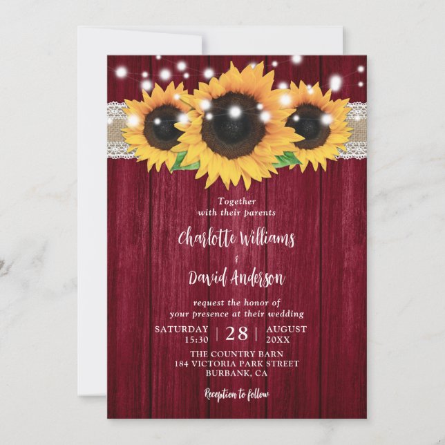 Rustic Burgundy and Sunflower Wedding Invitations (Front)