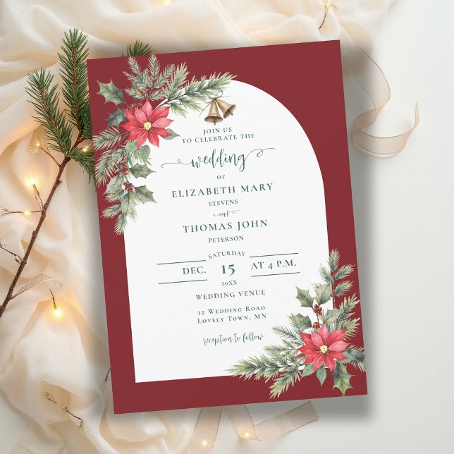 Rustic Burgundy Arch Greenery Xmas Winter Wedding Invitation (winter wedding invitation christmas greenery floral poinsettia watercolor burgundy rustic arch)