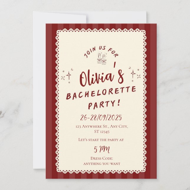 Rustic Burgundy Bachelorette Party Invitation (Front)