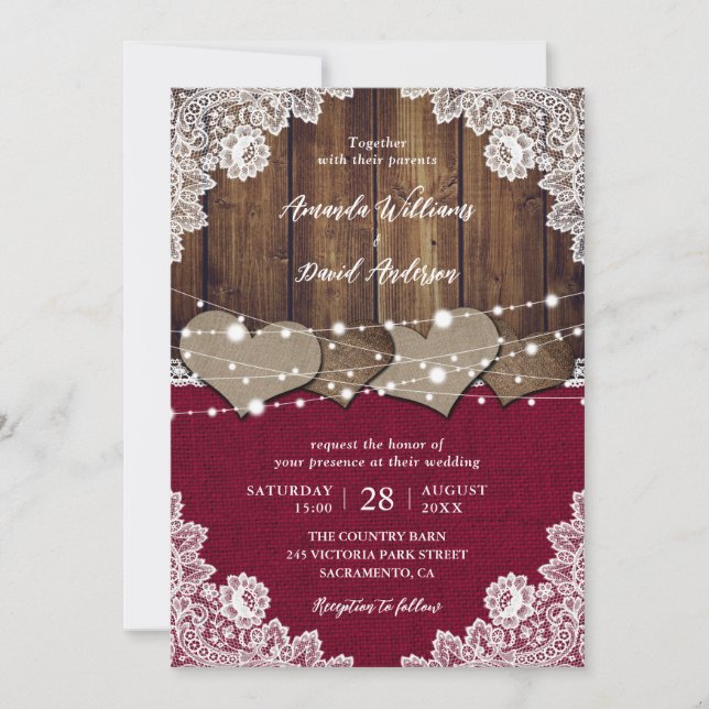 Rustic Burgundy Barn Wood Burlap Lace Wedding Invitation (Front)