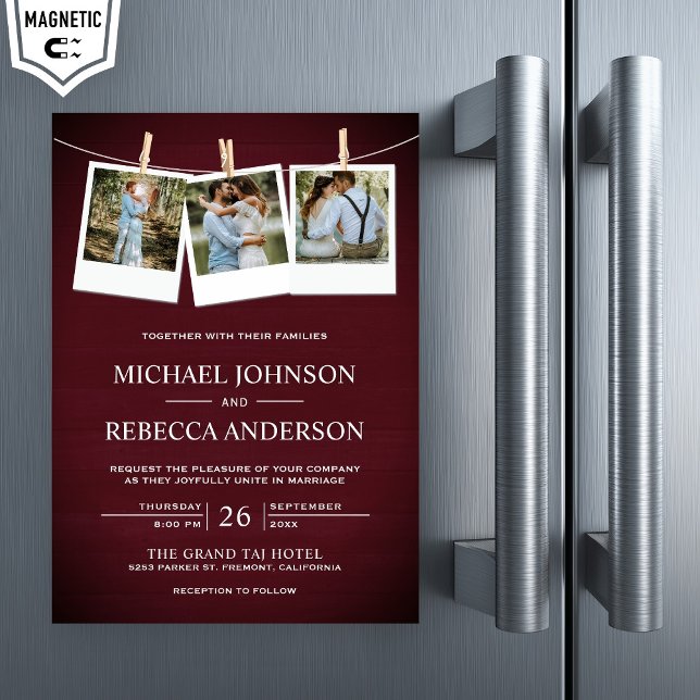 Rustic Burgundy Barn Wood Photo Collage Wedding Magnetic Invitation (Creator Uploaded)